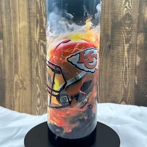 Kansas City Chiefs Flaming Football Helmet stainless steel drink tumbler
