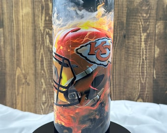 Kansas City Chiefs Flaming Football Helmet stainless steel drink tumbler