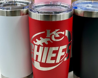 Kansas City Chiefs Football laser engraved stainless steel drink tumbler. Multiple Colors Available!