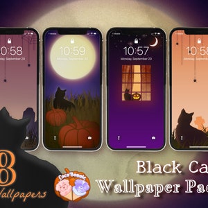 8 Phone Wallpapers • Spooky Black Cat | Halloween iPhone Lock Screen Background, Purple and Orange, Witchy Mood, Aesthetic