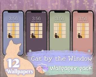 12 Phone Wallpapers • Cat by the Window | Minimal iPhone Lock Screen, Muted Colors, Natural Theme, Rainy Mood Wallpaper, Black Cat Artwork