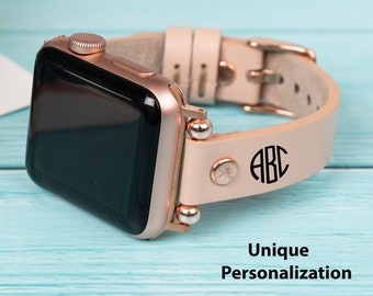 Echtleder Apple Uhrenarmband, personalisiertes Monogramm Armband, alle Serien kompatibel
