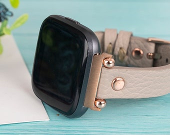Beige leren Fitbit-band: Versa/Sense, band met dunne kralen, personaliseerbaar