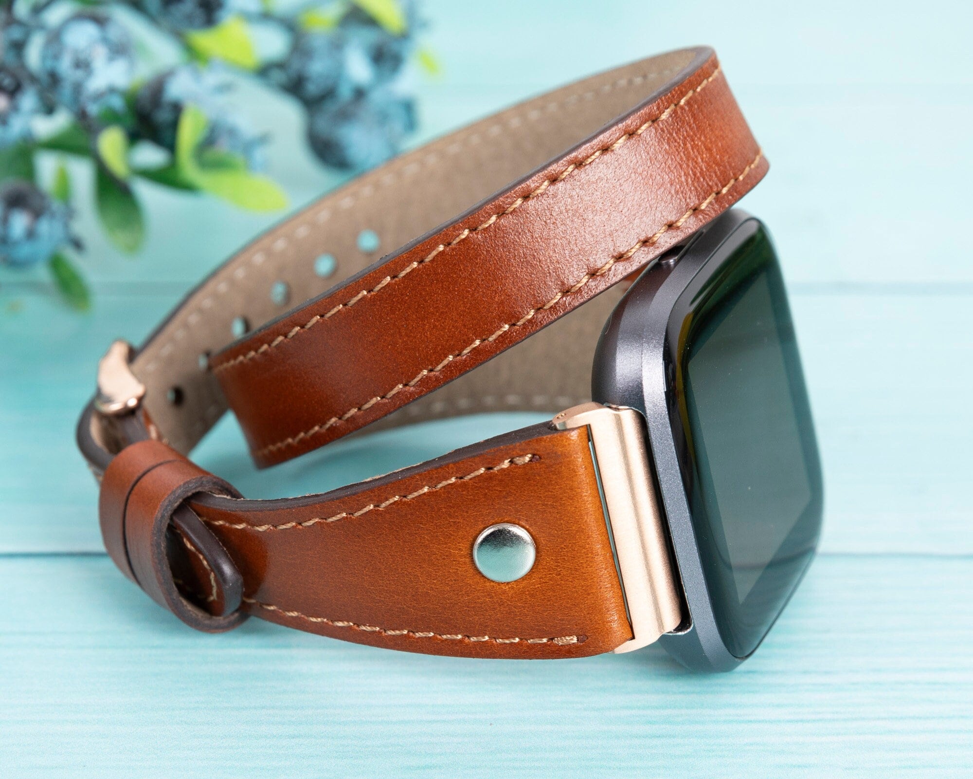Double Wrap Brown Strap Versa 2 Watch Leather Band Leather Double Wrap Smartwatch Band main image 4