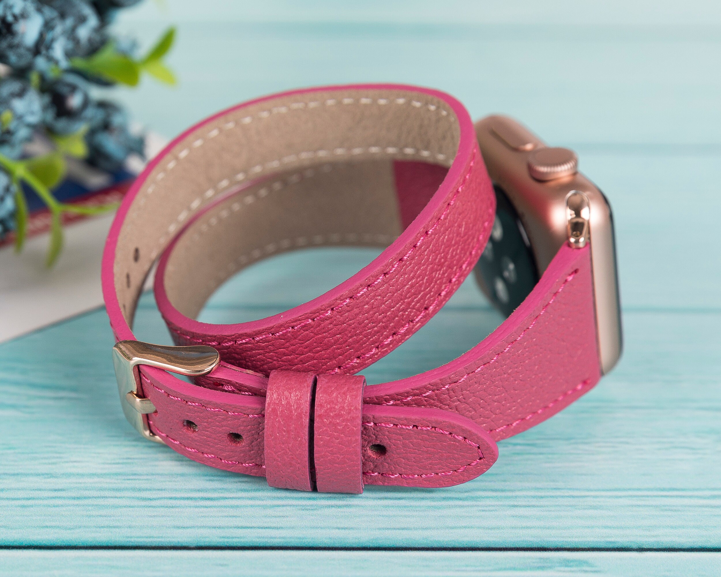 Pink Genuine Leather Apple Watch Band - Etsy UK