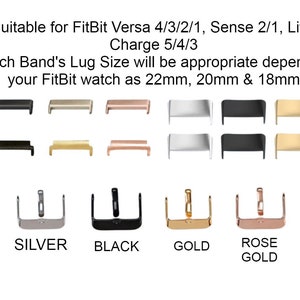 K&ouml;nnte beinhalten: Nahaufnahme von Uhrenband-&Ouml;sen in Silber, Schwarz, Gold und Ros&eacute;gold. Der Text lautet "Geeignet f&uuml;r FitBit Versa 4/3/2/1, Sense 2/1, Lite, Charge 5/4/3 Die Gr&ouml;&szlig;e der Bandanst&ouml;&szlig;e ist je nach Ihrer FitBit-Uhr geeignet, n&auml;mlich 22 mm, 20 mm und 18 mm".