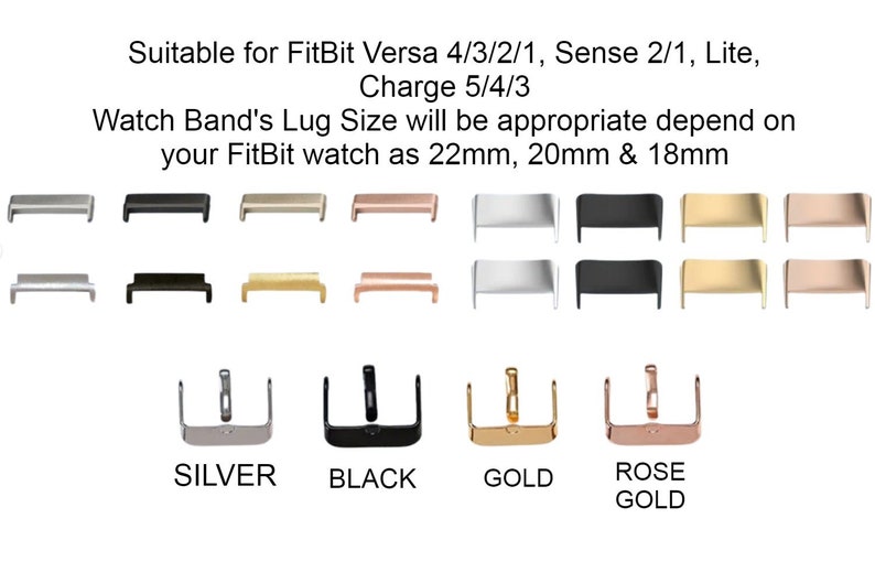 K&ouml;nnte beinhalten: Nahaufnahme von Uhrenband-&Ouml;sen in Silber, Schwarz, Gold und Ros&eacute;gold. Der Text lautet "Geeignet f&uuml;r FitBit Versa 4/3/2/1, Sense 2/1, Lite, Charge 5/4/3 Die Gr&ouml;&szlig;e der Bandanst&ouml;&szlig;e ist je nach Ihrer FitBit-Uhr geeignet, n&auml;mlich 22 mm, 20 mm und 18 mm".