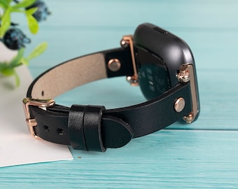 Zwart leren Fitbit Versa/Sense-band: band met dunne kralen, personaliseerbaar
