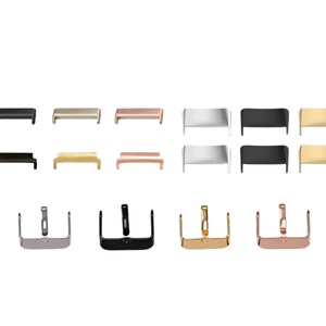 K&ouml;nnte beinhalten: Ein Satz Uhrenarmband-Schlie&szlig;en in Silber, Schwarz, Gold und Ros&eacute;gold. Die Schlie&szlig;en sind sowohl in ge&ouml;ffneter als auch in geschlossener Position dargestellt.