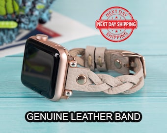 May include: A braided light grey leather band for an Apple Watch with rose gold hardware. The band is shown attached to a rose gold Apple Watch. The text "NEXT DAY SHIPPING" is visible in a red stamp.