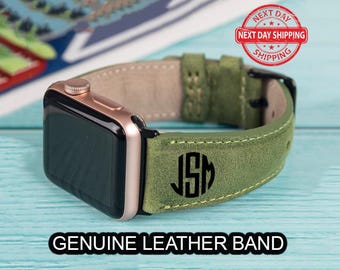 Green Leather Apple Watch Band: Personalized iWatch Strap