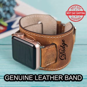 Brown Genuine Leather Cuff Apple Watch Band for Apple Watch Ultra/Ultra 2,Apple Watch 10/9/8/7,Apple Watch SE/6/4,Apple Watch 3/2/1 Series