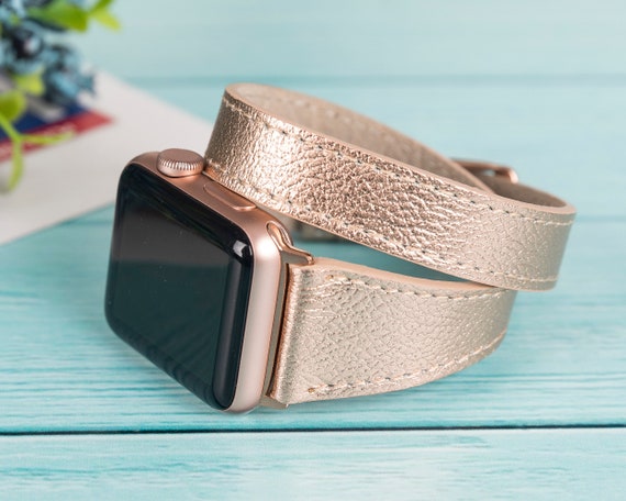 Correa doble delgada de cuero de oro rosa para Apple Watch Ultra