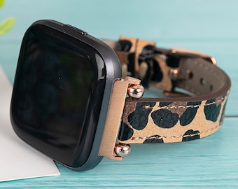 Leopard Print Leather Fitbit Band: Versa/Sense, Custom Thin Strap