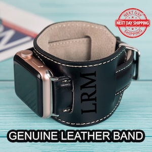 Apple Watch Black Leather Cuff Band, Customized Apple iWatch Band, Apple Watch Bracelet, iWatch Ultra 2, 10, 9, SE Strap, iWatch Strap