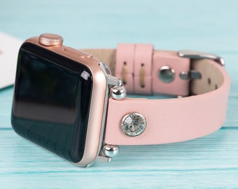 Pink Leather Diamond Women Apple Watch for Apple Watch Ultra/Ultra 2,Apple Watch 9/8/7,Apple Watch SE/6/4,Apple Watch 3/2/1 Series