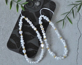 Pearl Phone Charm Strap | Personalised Phone Strap | White Phone Charm | Custom Phone Chain | Freshwater Pearl Bridesmaid Gift