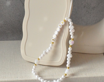 Custom Pearl Phone Charm Strap, Personalised Beaded Phone Lanyard