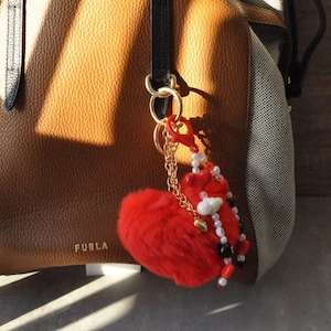 Fluffy Red Heart Bag Charm: Personalized Beaded Keychain Accessory
