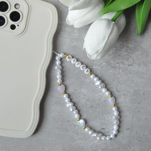 Personalised Pearl Phone Strap | Custom Phone Charm | Beaded Phone Chain | Freshwater Pearl Bridesmaid Gift