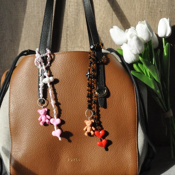 de sac perlé personnalisé ours en peluche | Jolie étiquette de sac en perles de verre ambrées | Accessoire de sac à main