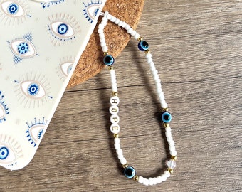 Evil Eye Phone Charm Strap | Beaded Phone Strap | White Phone Lanyard | Blue Beaded Phone Charm