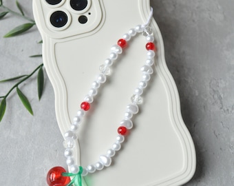 Cherry Phone Charm with Pearls | Personalised Beaded Phone Strap | Custom Name Phone Chain | Cute White Phone Accessory