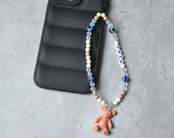 Teddy Bear Phone Charm Strap |  Personalised Beaded Phone Strap | Handbag Charm | Y2K Style Accessory