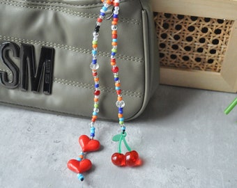 Personalized Beaded Bag Charm: Chunky Heart & Cherry Bag Tag