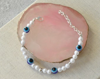 Turkish Evil Eye Bracelet | Pearl & Evil Eye Stackable Bracelet | Pearl Bead Bracelet