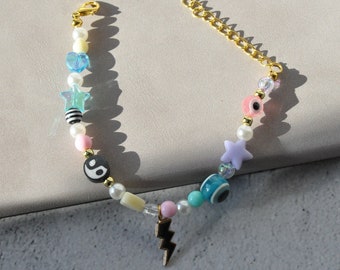 Y2K Beaded Charm Bracelet, Colorful Stacking Bracelet, Evil Eye Stretch Bracelet