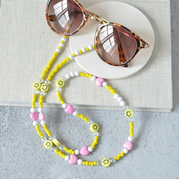 Chaîne de lunettes en perles Smiley | Porte-lunettes de soleil perlé personnalisé | Collier de perles de rocaille en verre Y2K drôle perlé