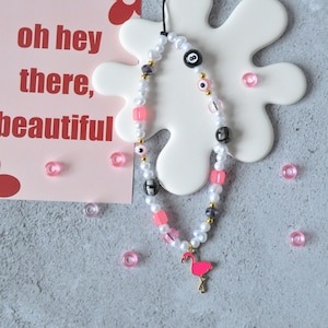 Cute Flamingo Pearl Beaded Phone Charm | Custom Phone Strap | Pink Y2K Cute Phone Charm