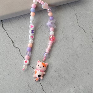 Porte-clés en perles avec breloque chat, idée cadeau personnalisé, chaîne de sac en perles personnalisée, étiquette de bouteille d'eau