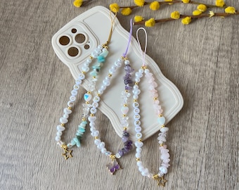 Rose Quartz Gemstone Phone Strap | Healing Crystal Beads Phone Charm | Pearl Personalized Phone Strap Chain | Amethyst Phone Strap
