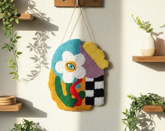 Tapeçaria de parede com agulha perfurada feita à mão: decoração floral abstrata