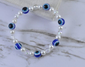 Turkish Evil Eye Bracelet, Pearl Bracelet, Elastic Bracelet
