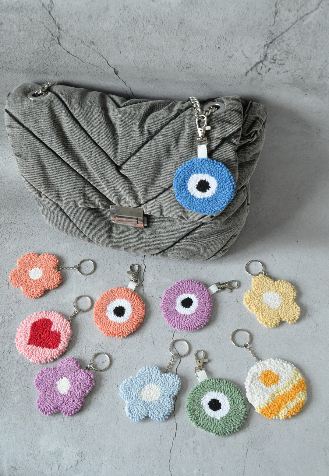 Punch Needle Keychain Tufted Bag Tag Daisy Bag Charm Evil Etsy