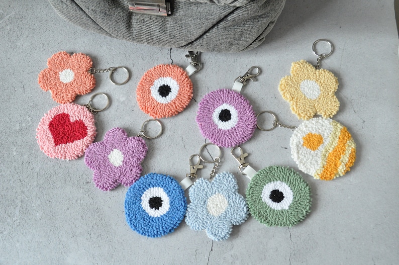 Punch Needle Keychain Tufted Bag Tag Daisy Bag Charm Evil Etsy