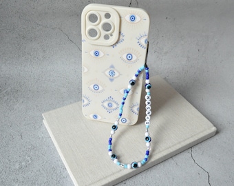 Dragonne pour téléphone mauvais œil | Charm pour téléphone portable en perles personnalisées | Chaîne pour téléphone blanc bleu