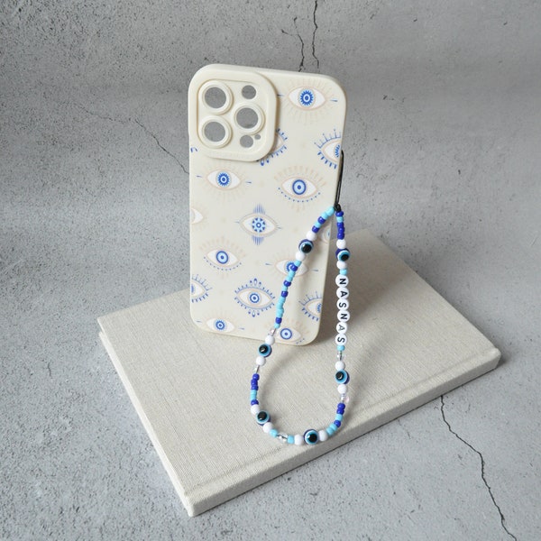 Evil Eye Phone Strap  | Custom Beaded Phone Charm Strap | White Blue Phone Chain