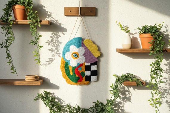 手作りパンチニードル壁掛け：抽象的な花の装飾 - Etsy 日本