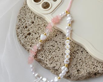 Rose Quartz Phone Charm, Gemstone Beaded Phone Strap, Crystal Phone Lanyard