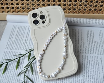 Custom Pearl Phone Strap | Personalised Pearl Phone Charm | Name Pearl Phone Chain | White Pearl Phone Charm Strap | Bridesmaid Gift