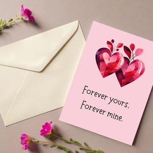 Cartão de felicitações para impressão. Dia dos Namorados com corações de diamante vermelho, cartão de noivado romântico rosa. Uma expressão perfeita de amor. Juntos para sempre.