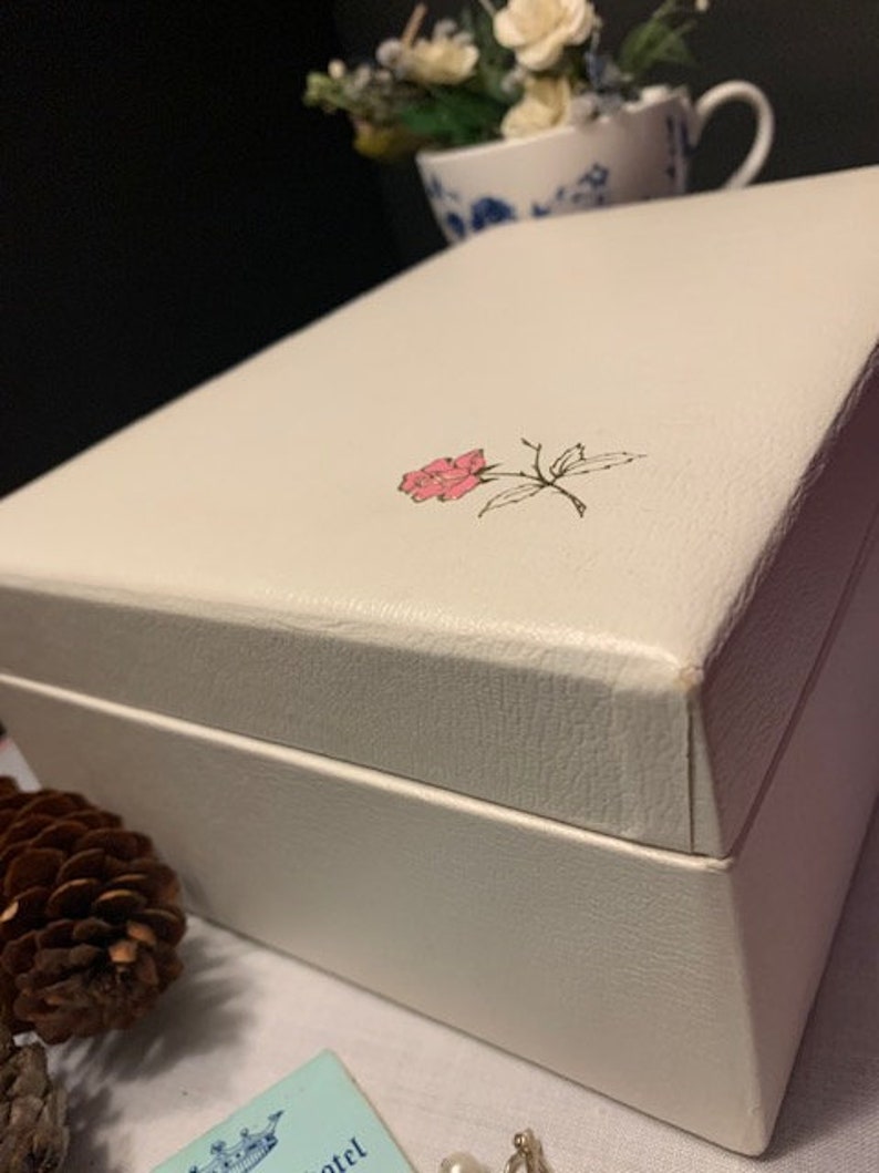Pink Rose Buxton Jewelry Box Vintage 1960s Retro Dresser Box 1970s Storage Powder Blue Liner White Faux Leather