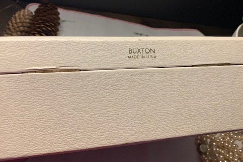 Pink Rose Buxton Jewelry Box Vintage 1960s Retro Dresser Box 1970s Storage Powder Blue Liner White Faux Leather