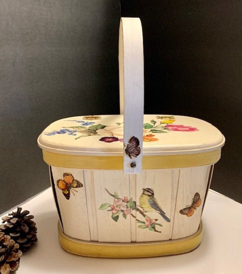 Retro Boho Decor Vintage Decoupage Purse Sewing Box Storage Wood Floral Butterflies Swing Handle Picnic Basket Handmade Cottagecore