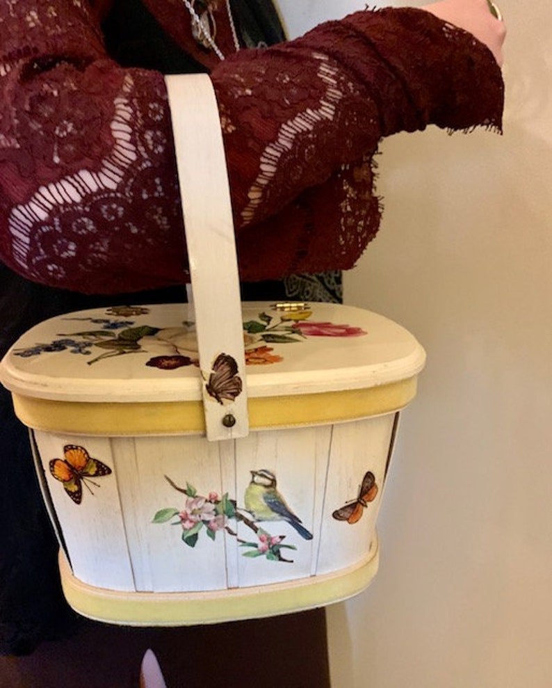 Retro Boho Decor Vintage Decoupage Purse Sewing Box Storage Wood Floral Butterflies Swing Handle Picnic Basket Handmade Cottagecore