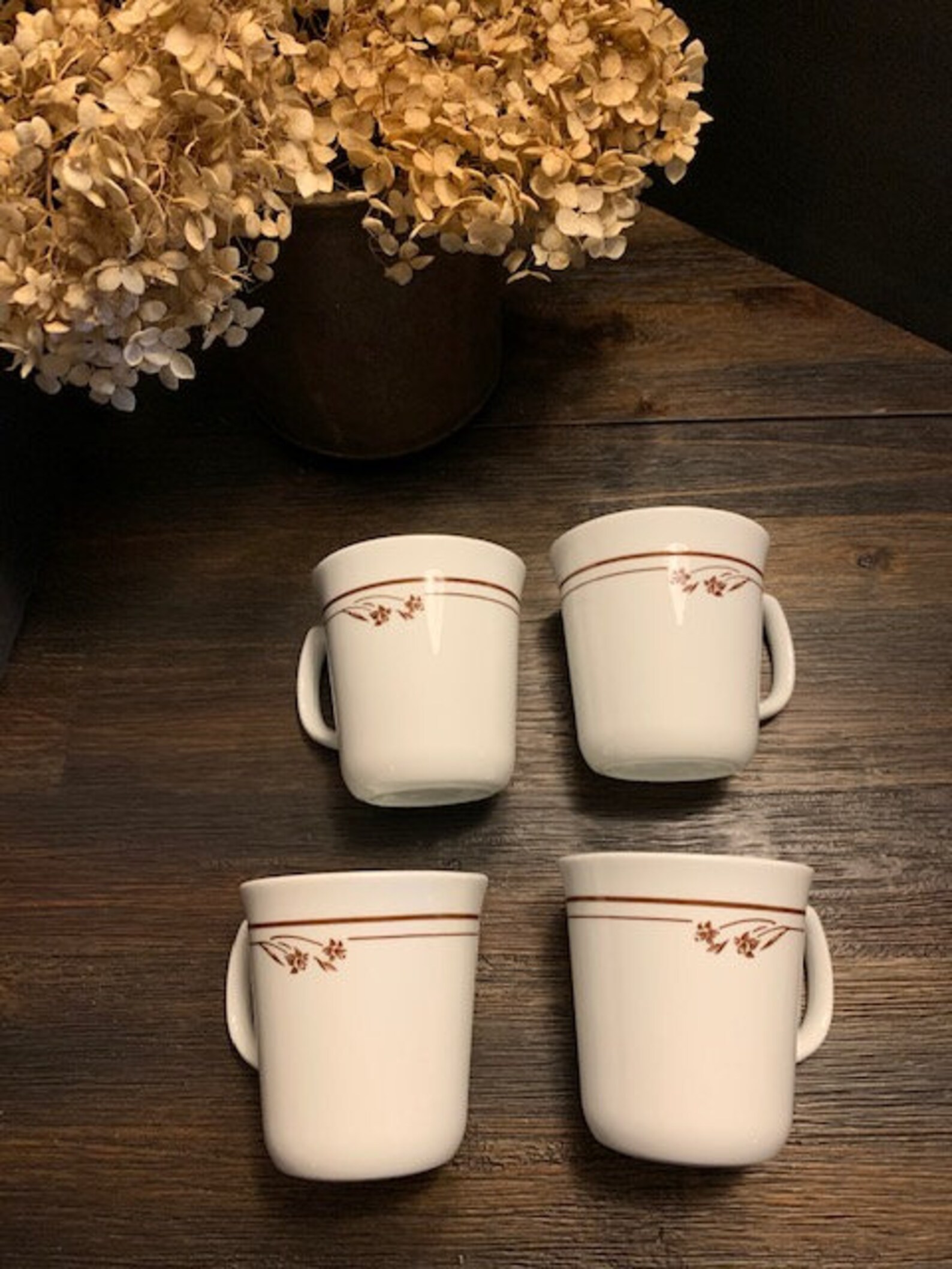 Corelle Melody Coffee Tea Cups Mugs White with Brown Flowers Etsy
